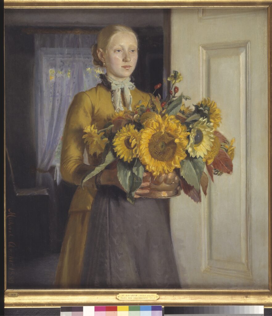 Michael Ancher (1849–1927, Dania), Dziewczyna ze słonecznikami, 1889