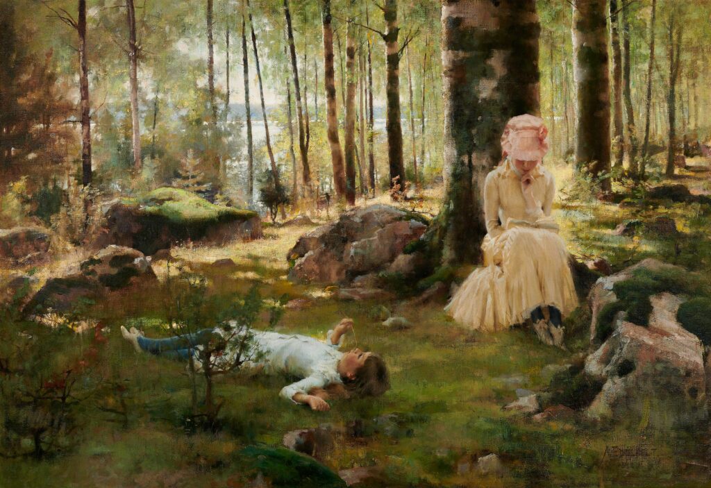 Albert Edelfelt (1854–1905, Finlandia)
Pod brzozami (Dzieci w lesie brzozowym nad fiordem Haikko), 1882