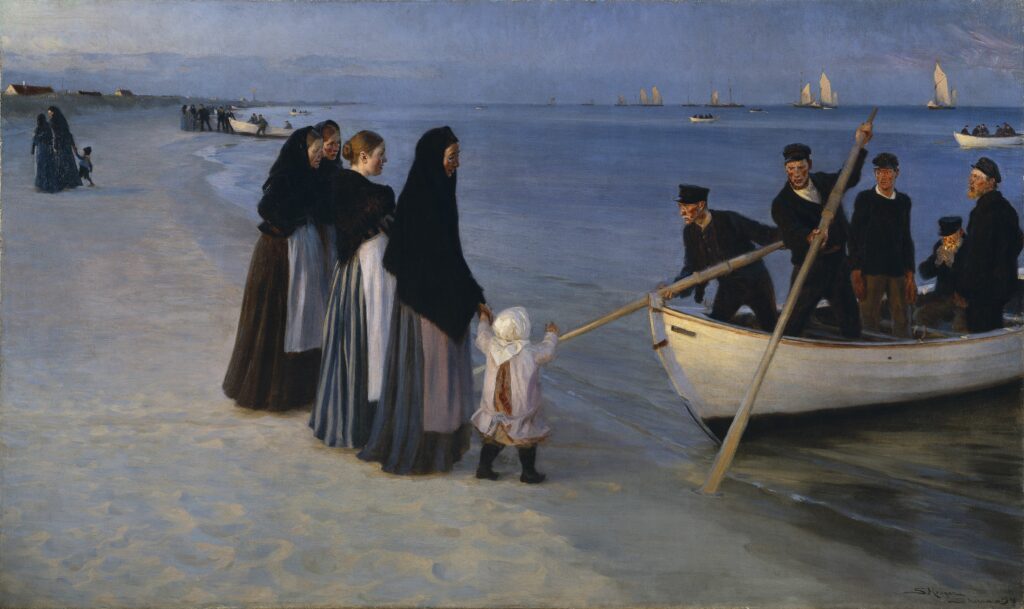 Peder Severin Krøyer (1851–1909, Dania)
Wypłynięcie łodzi rybackich po zachodzie słońca, Skagen, 1894–1895