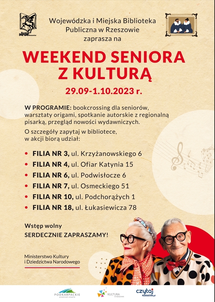 Wojewódzka i Miejska Biblioteka Publiczna w Rzeszowie zaprasza seniorów do wzięcia udziału w ogólnopolskiej akcji „Weekend seniora z kulturą”