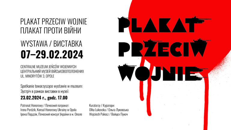 Plakat promocyjny wydarzenia towarzyszącego wystawie Plakat przeciw wojnie prezentowanej w Opolu