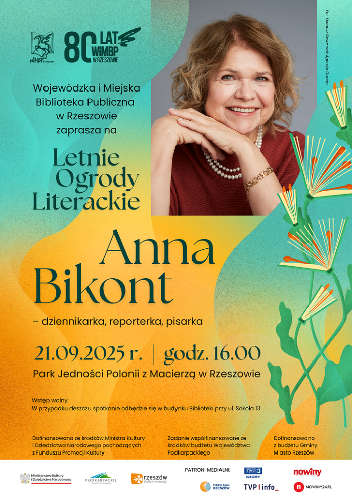 Grafika promująca spotkanie z Anną Bikont