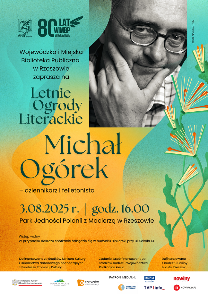 Grafika promująca spotkanie z Michałem Ogórkiem