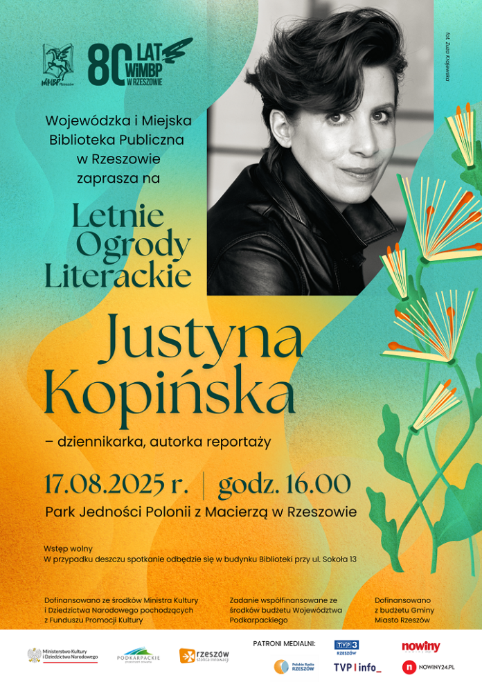 Grafika promująca spotkanie z Justyną Kopińską