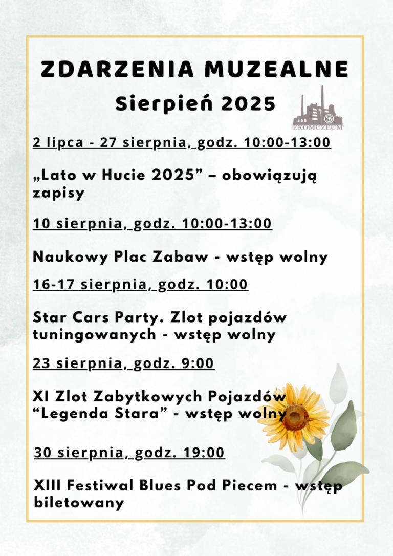 Zdarzenia Sierpień 2025- Muzeum Przyrody i Techniki w Starachowicach