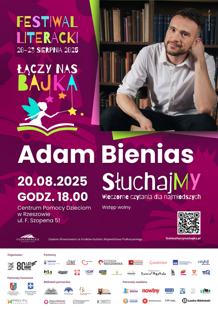 Grafika promująca wieczorne czytanie z Adamem Bieniasem