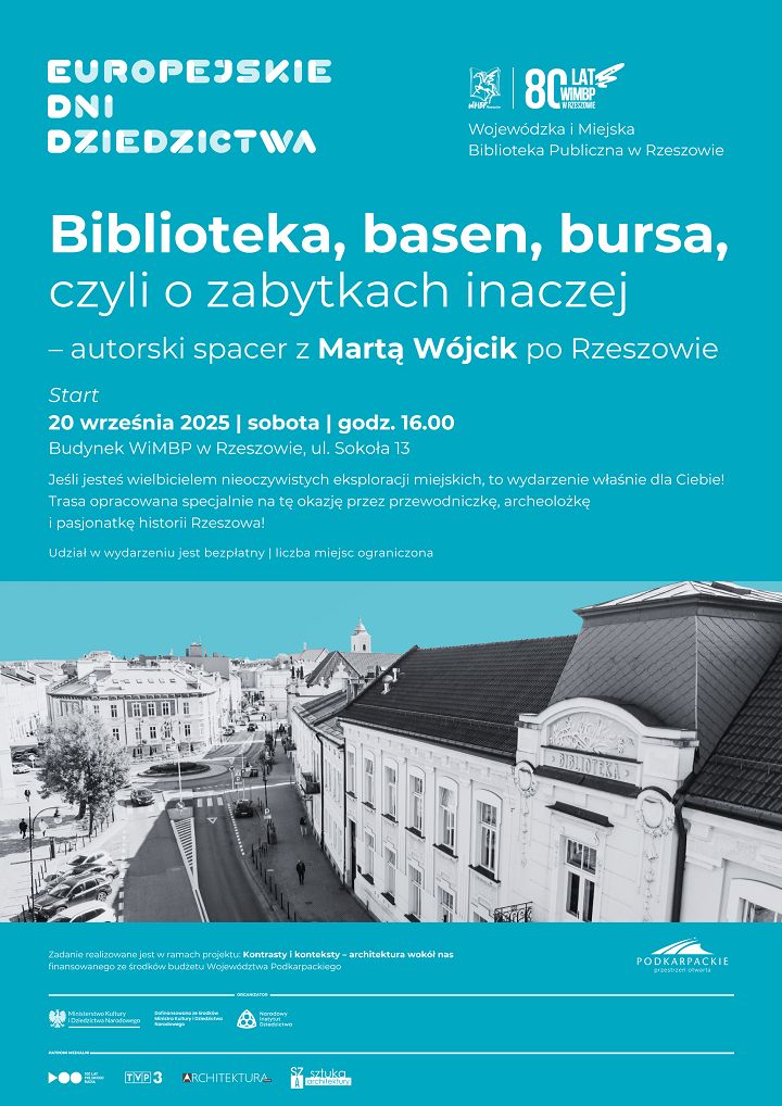 Grafika promująca spacer Biblioteka, basen, bursa