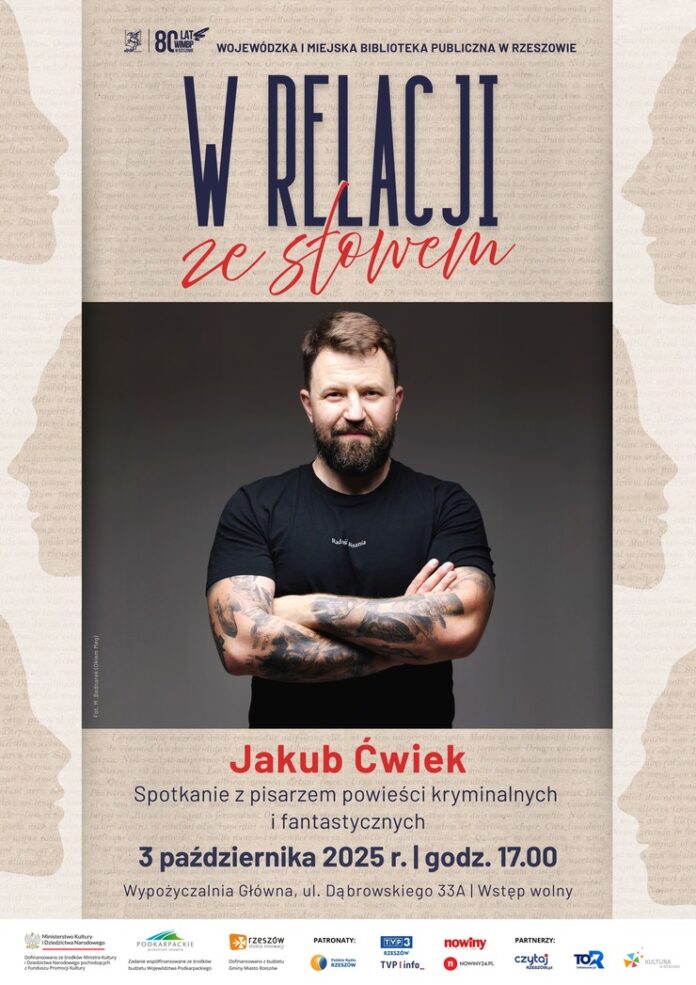 Grafika promująca spotkanie z Jakubem Ćwiekiem