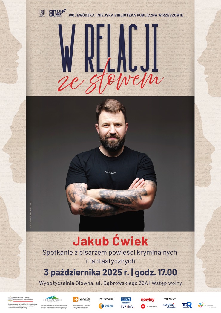 Grafika promująca spotkanie z Jakubem Ćwiekiem
