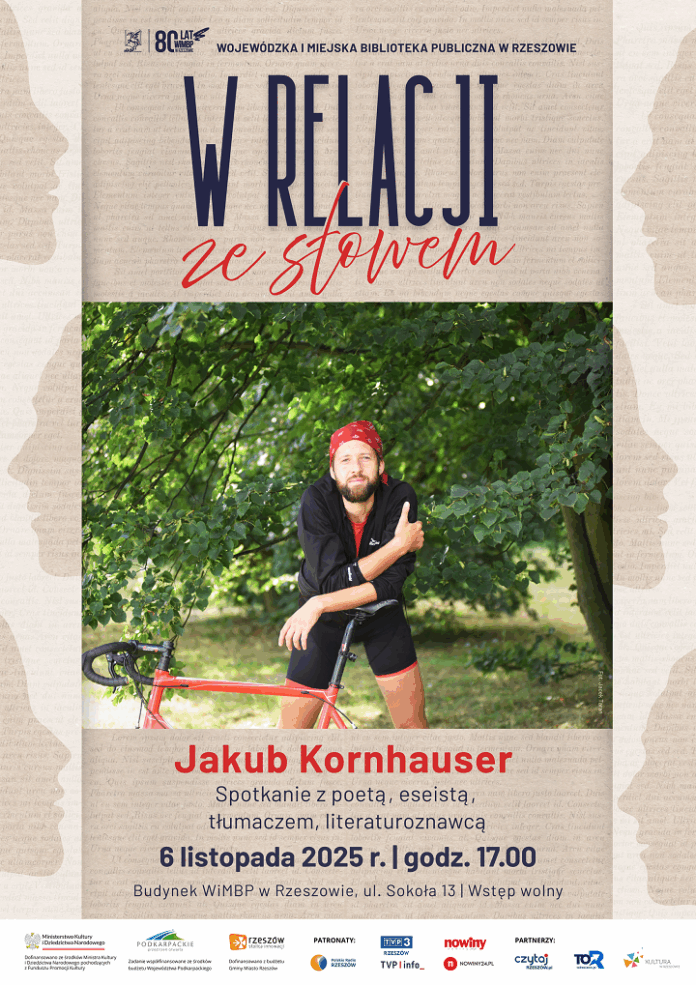 Grafika promująca spotkanie z Jakubem Kornhauserem
