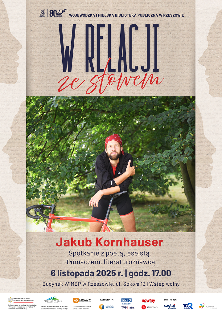 Grafika promująca spotkanie z Jakubem Kornhauserem