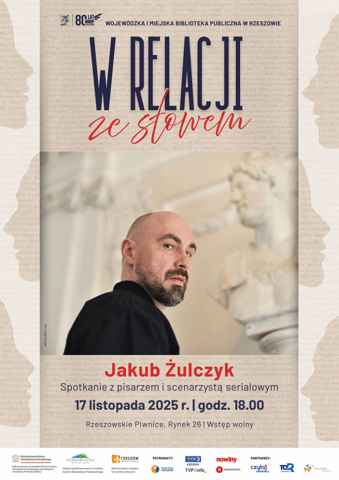 Grafika promująca spotkanie z Jakubem Twardochem