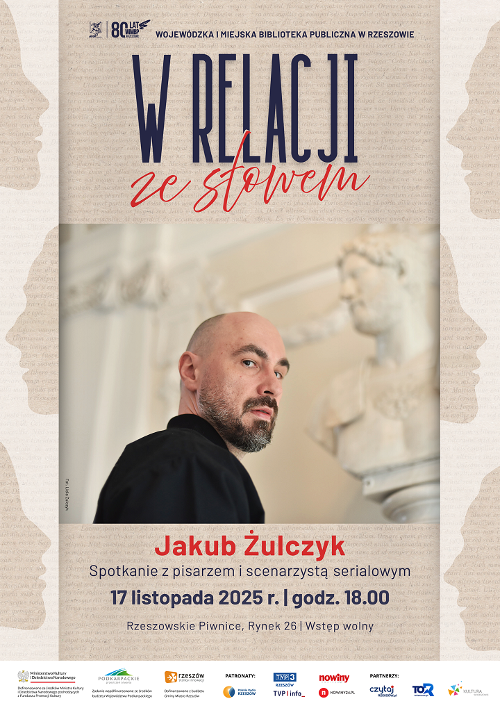 Grafika promująca spotkanie z Jakubem Twardochem
