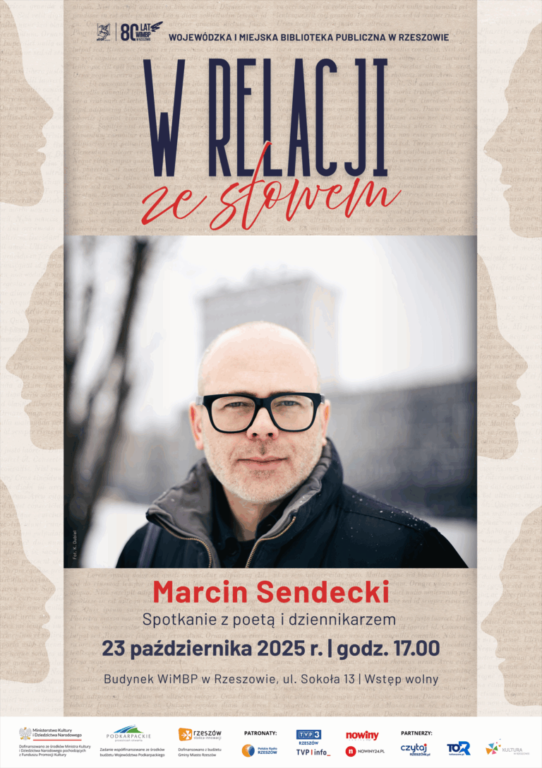Grafika promująca spotkanie z Marcinem Sendeckim