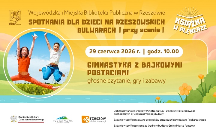 Grafika promująca spotkanie dla dzieci Gimnastyka z bajkowymi postaciami