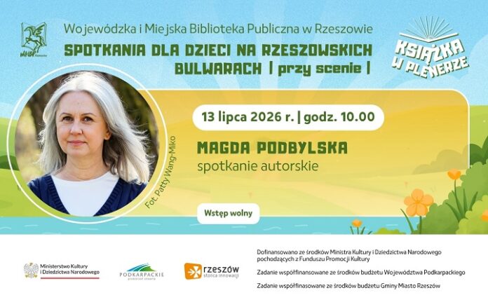 Grafika promująca spotkanie dla dzieci z Magdą Podbylską