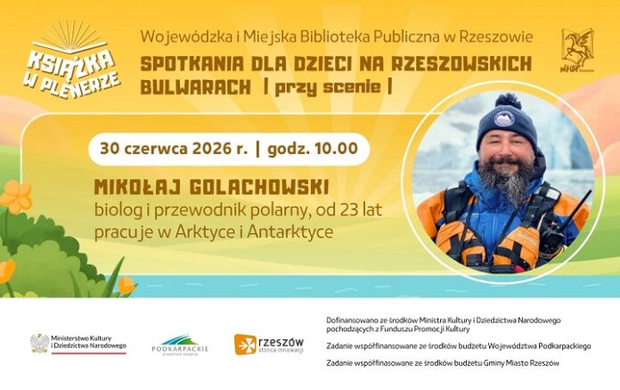 Grafika promująca spotkanie dla dzieci z Mikołajem Golachowskim
