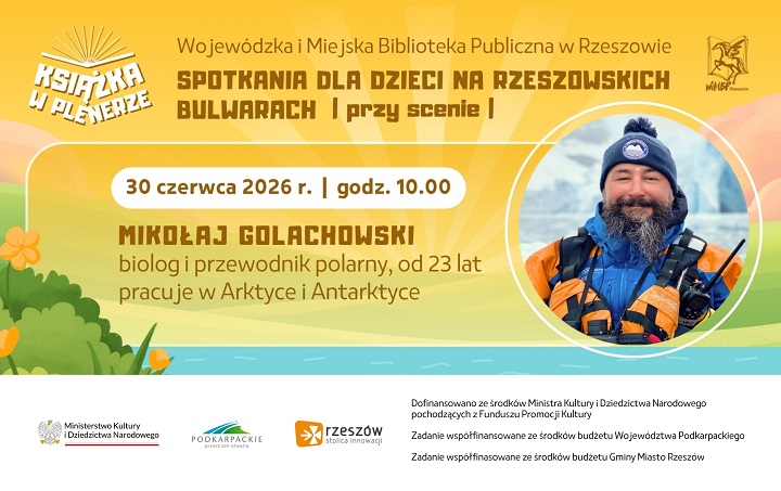 Grafika promująca spotkanie dla dzieci z Mikołajem Golachowskim