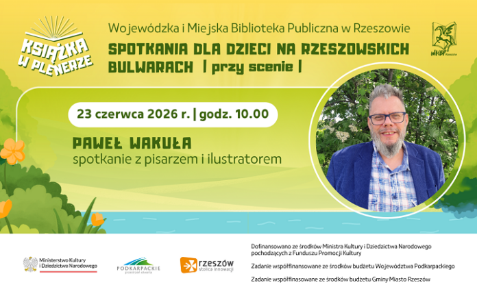 Grafika promująca spotkanie z Pawłem Wakułą