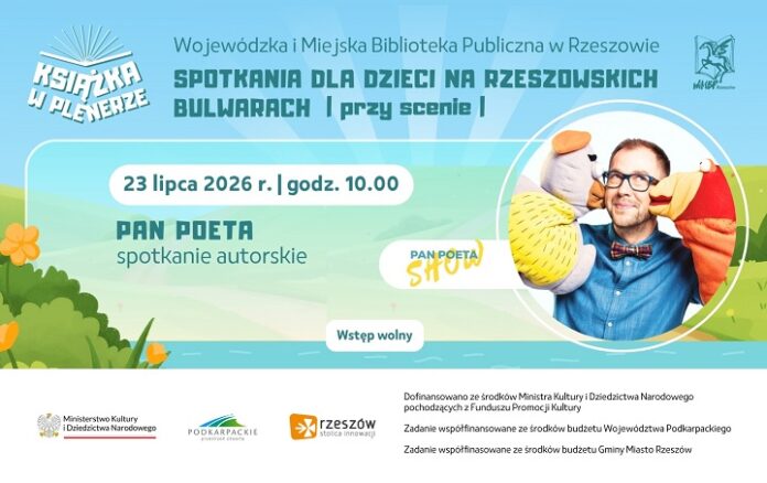 Grafika promująca spotkanie dla dzieci z Panem Poetą