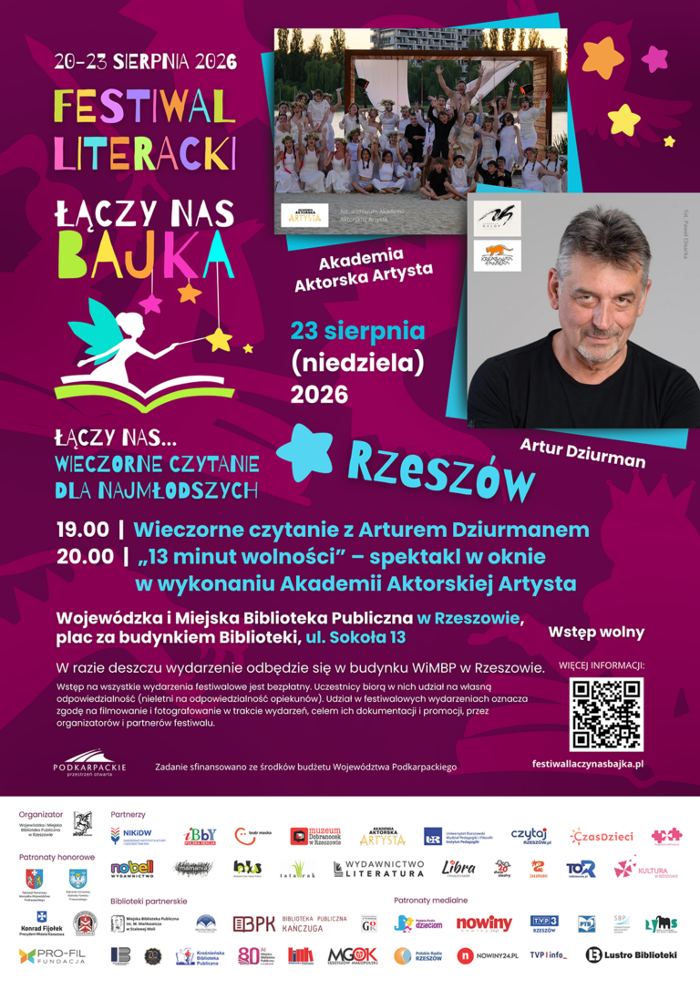 Grafika promująca wieczorne czytanie w ramach Festiwalu Literackiego Łączy nas bajka