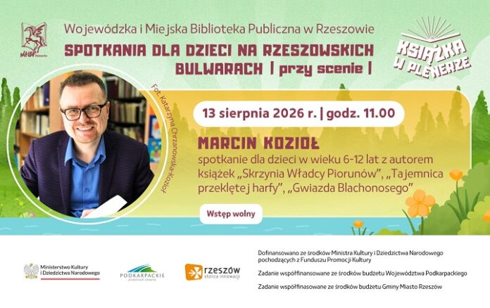 Grafika promująca spotkanie dla dzieci z Marcinem Koziołem