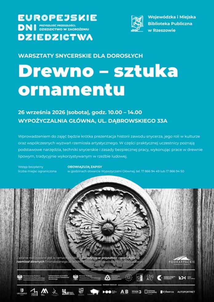 Grafika promująca warsztaty snycerskie Drewno - sztuka ornamentu