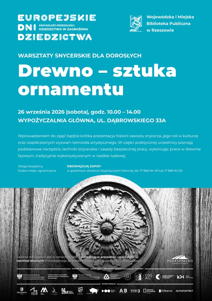 Grafika promująca warsztaty snycerskie Drewno - sztuka ornamentu